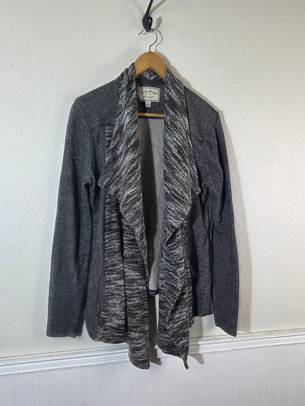Lucky Brand Womens Large Gray Marled Knit Open Front Cardigan Jacket Draped